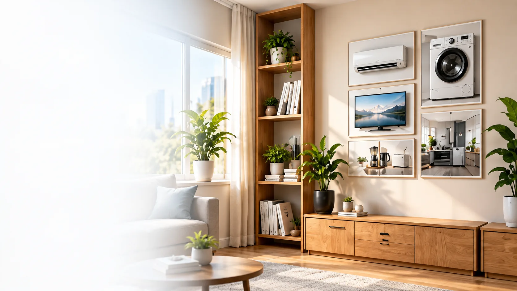 Modern home gallery wall showcasing AC, washing machine, TV and kitchen appliances
