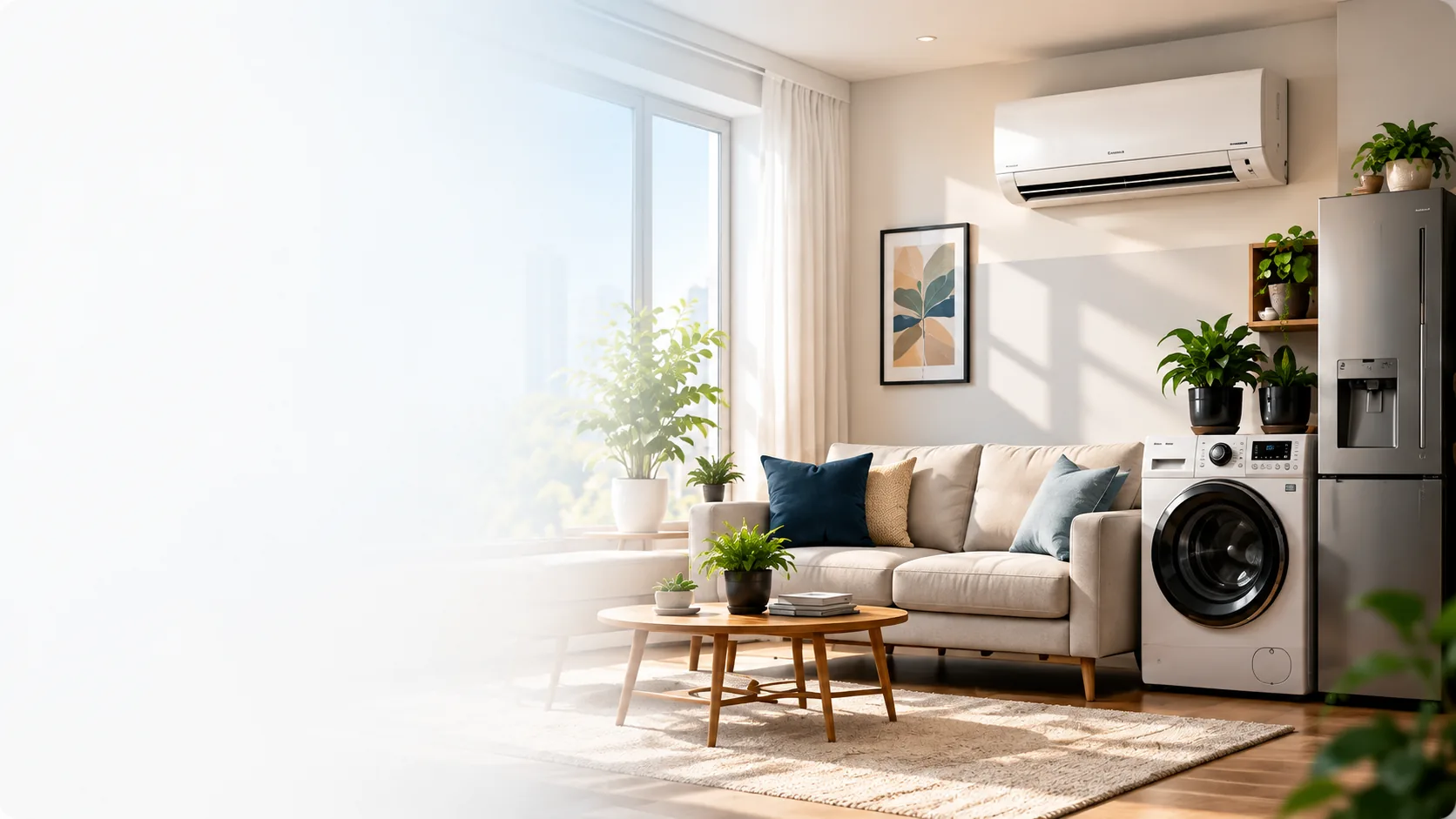 Modern living room with a serviced AC, washing machine and refrigerator