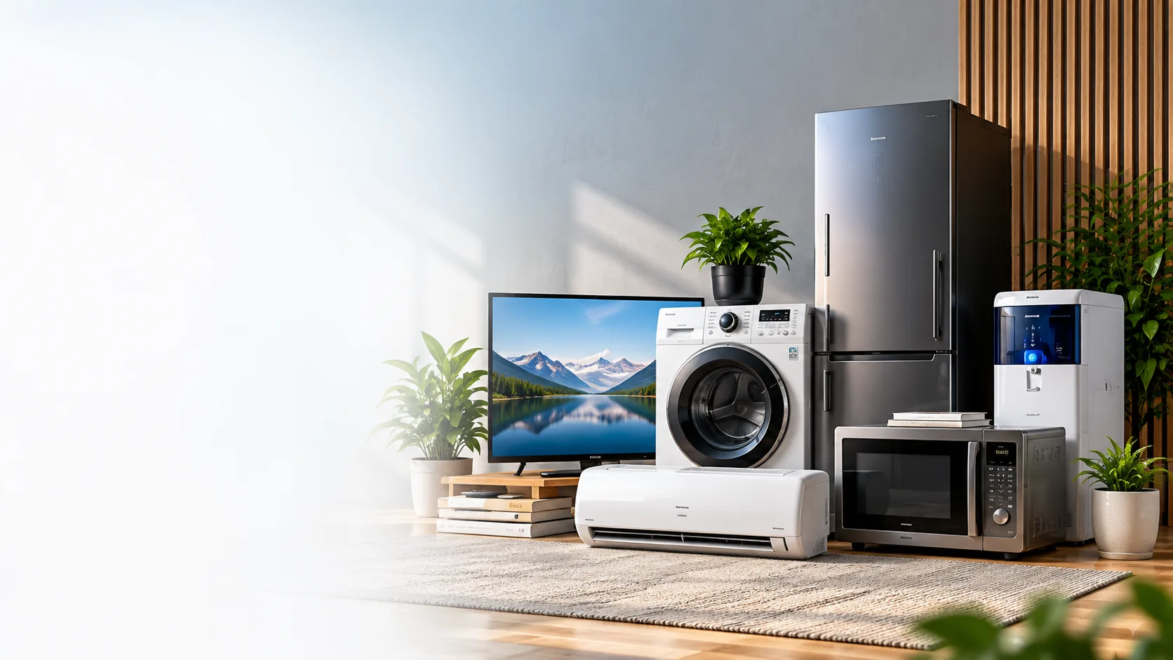 Home appliance showcase: TV, washing machine, refrigerator, AC, water purifier and microwave