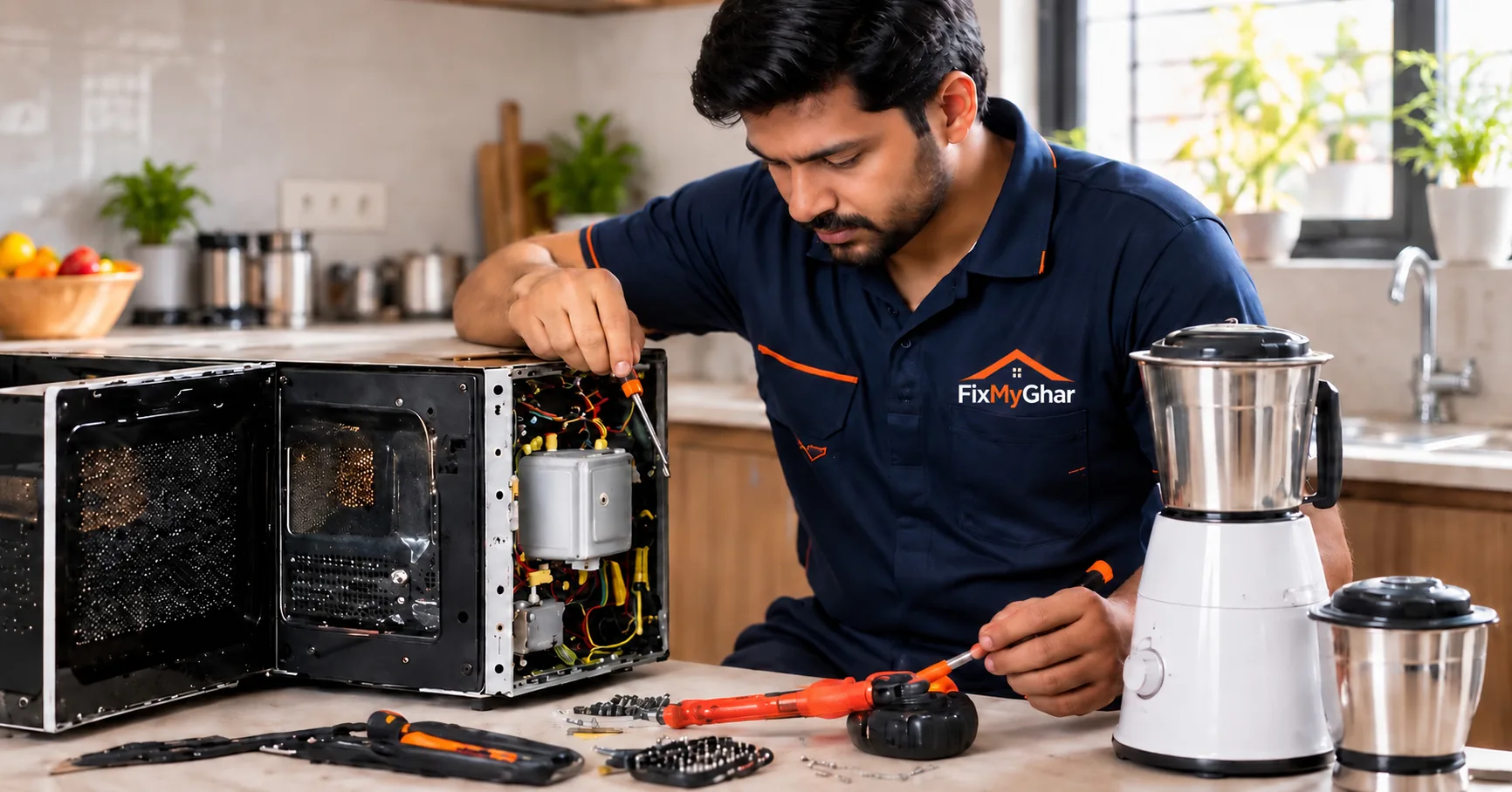Technician repairing kitchen appliances