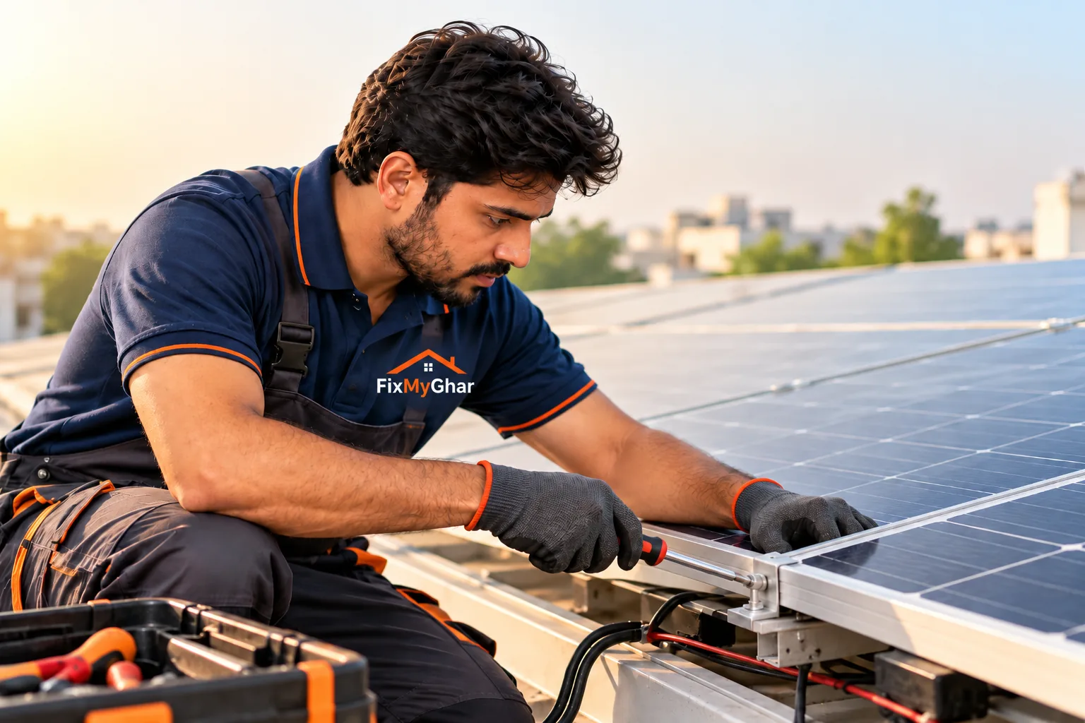 Technician cleaning solar panels