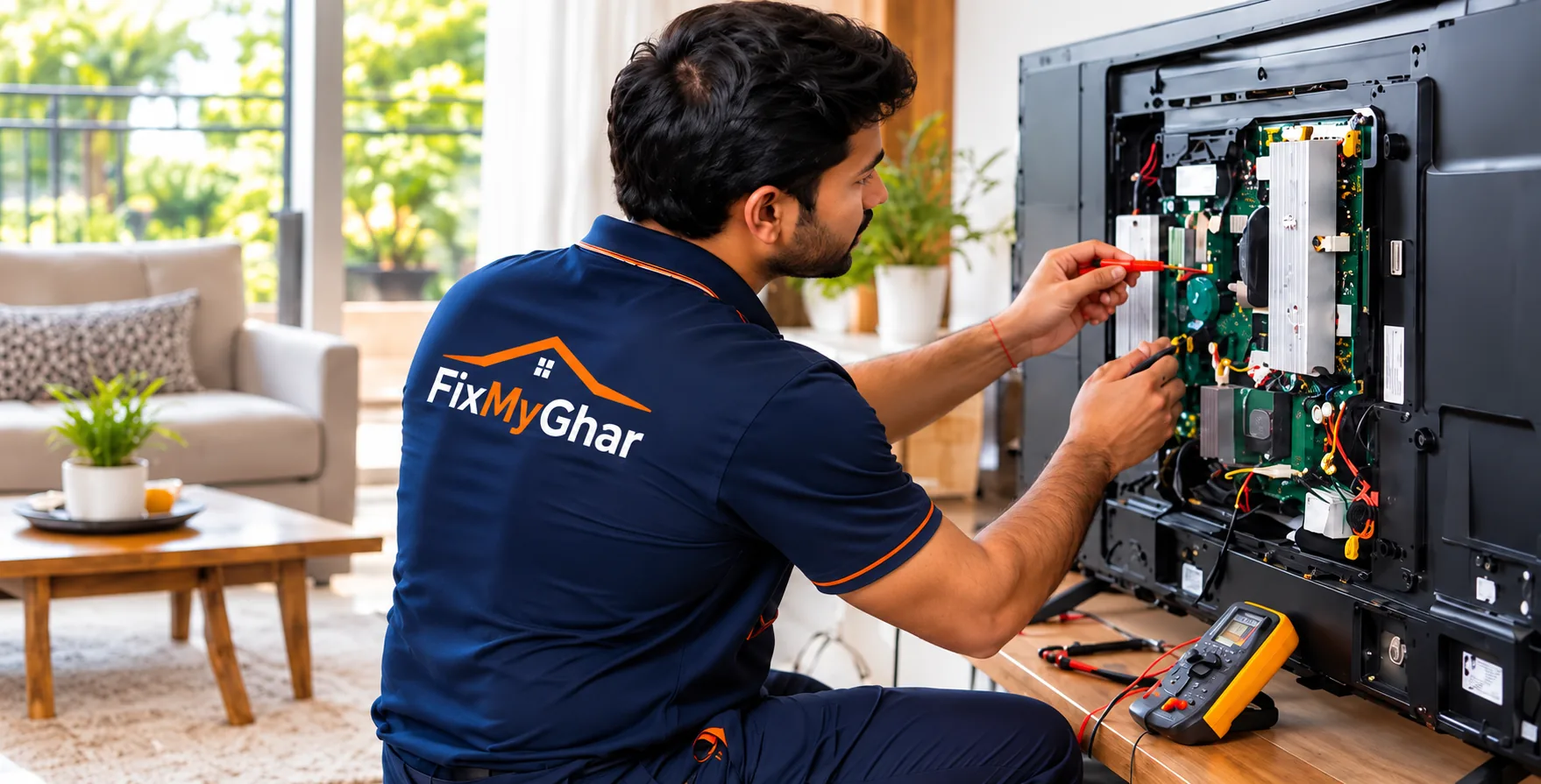 Technician repairing a television