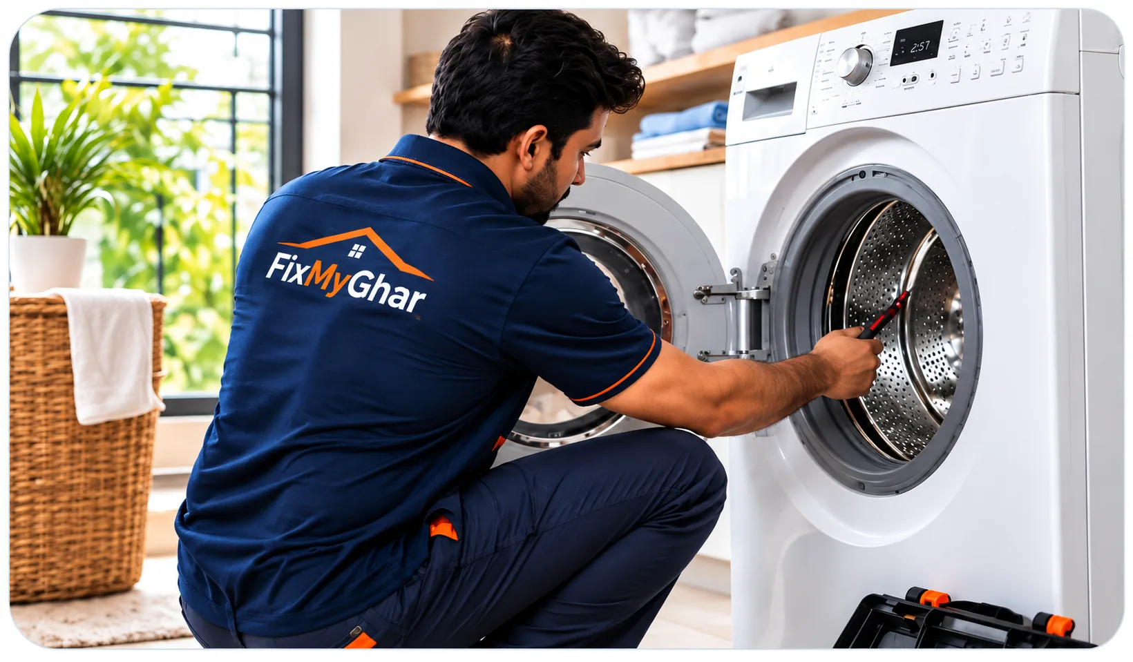 Technician repairing a washing machine